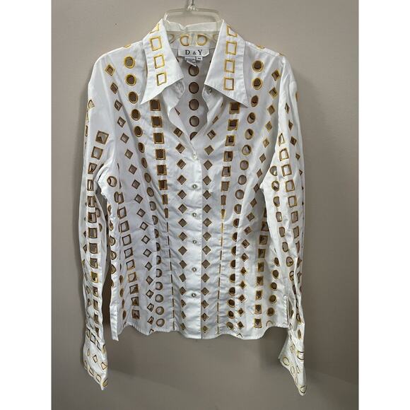 Vtg‎ D&Y White and Gold Geometric Cutout Top Womens Medium Sexy Clubbing Party - Picture 1 of 13